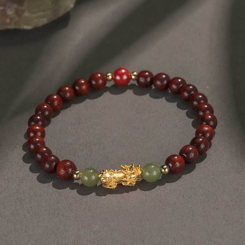 Fortune Jewel 999 Sterling Silver Sandalwood Ebony Wood Small Leaf Red Sandalwood Hetian Jade Cinnabar PiXiu Wealth Bracelet