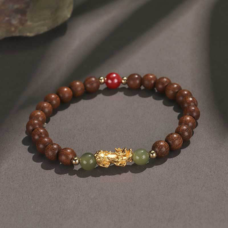 Fortune Jewel 999 Sterling Silver Sandalwood Ebony Wood Small Leaf Red Sandalwood Hetian Jade Cinnabar PiXiu Wealth Bracelet