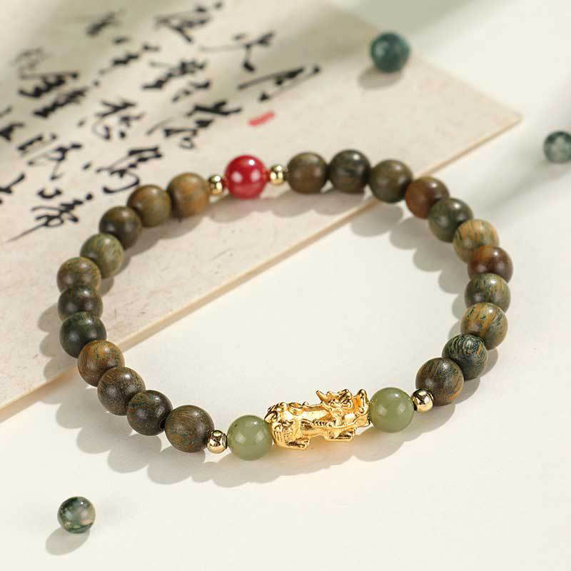 Fortune Jewel 999 Sterling Silver Sandalwood Ebony Wood Small Leaf Red Sandalwood Hetian Jade Cinnabar PiXiu Wealth Bracelet