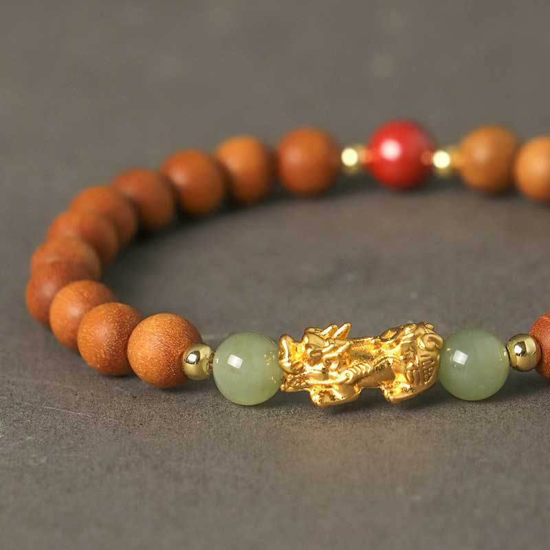Fortune Jewel 999 Sterling Silver Sandalwood Ebony Wood Small Leaf Red Sandalwood Hetian Jade Cinnabar PiXiu Wealth Bracelet