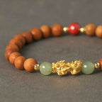 Fortune Jewel 999 Sterling Silver Sandalwood Ebony Wood Small Leaf Red Sandalwood Hetian Jade Cinnabar PiXiu Wealth Bracelet