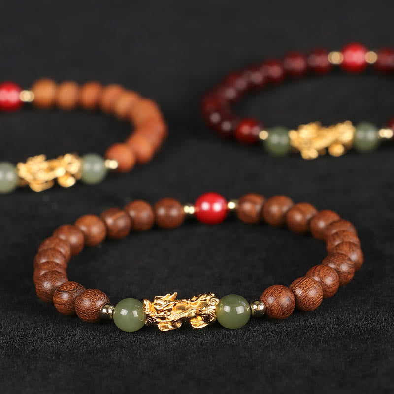Fortune Jewel 999 Sterling Silver Sandalwood Ebony Wood Small Leaf Red Sandalwood Hetian Jade Cinnabar PiXiu Wealth Bracelet