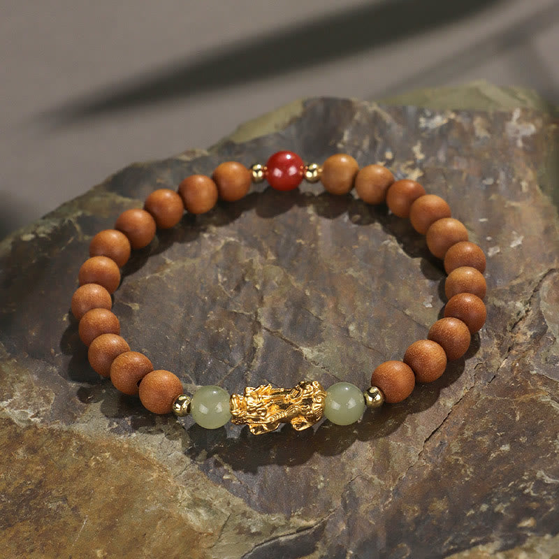 Fortune Jewel 999 Sterling Silver Sandalwood Ebony Wood Small Leaf Red Sandalwood Hetian Jade Cinnabar PiXiu Wealth Bracelet