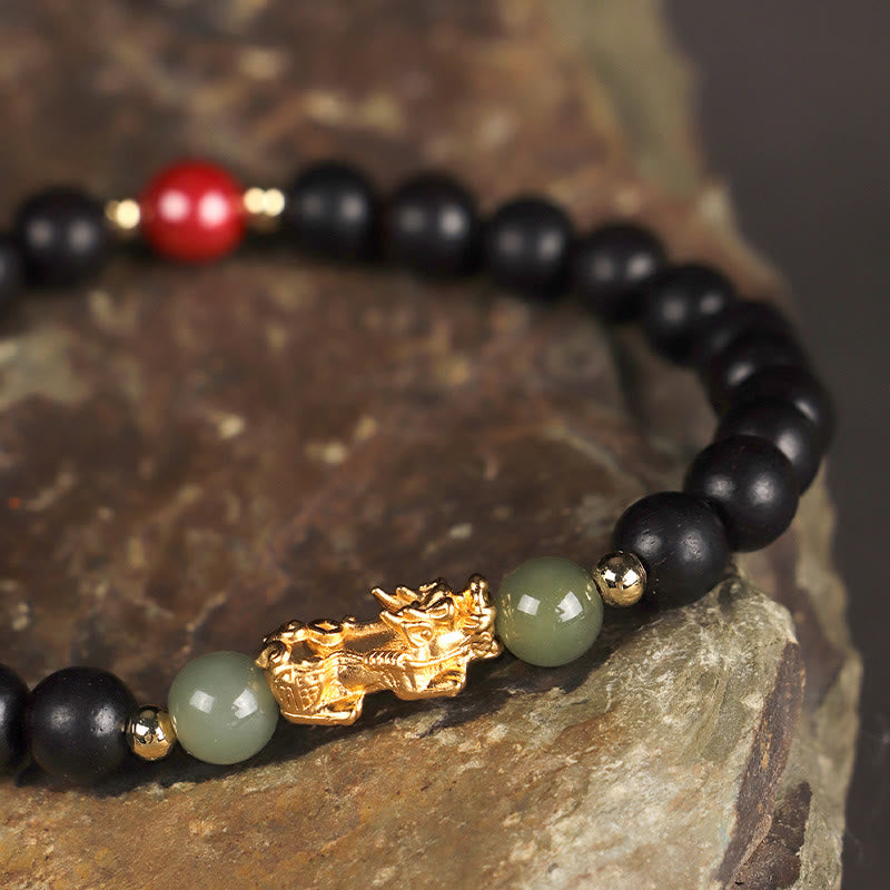 Fortune Jewel 999 Sterling Silver Sandalwood Ebony Wood Small Leaf Red Sandalwood Hetian Jade Cinnabar PiXiu Wealth Bracelet