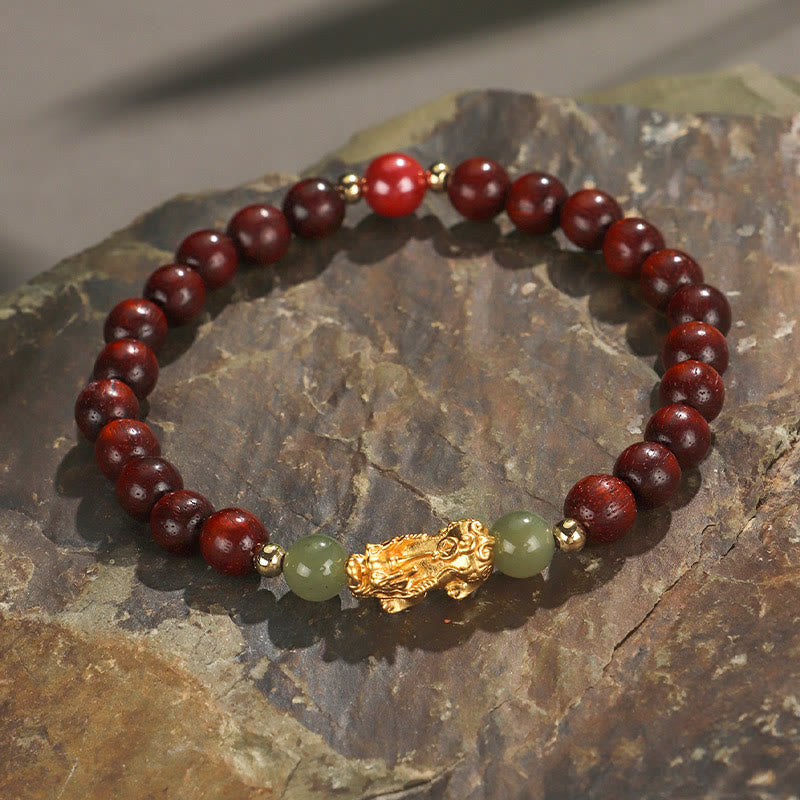 Fortune Jewel 999 Sterling Silver Sandalwood Ebony Wood Small Leaf Red Sandalwood Hetian Jade Cinnabar PiXiu Wealth Bracelet
