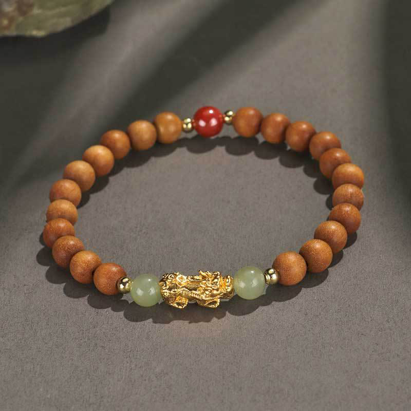 Fortune Jewel 999 Sterling Silver Sandalwood Ebony Wood Small Leaf Red Sandalwood Hetian Jade Cinnabar PiXiu Wealth Bracelet