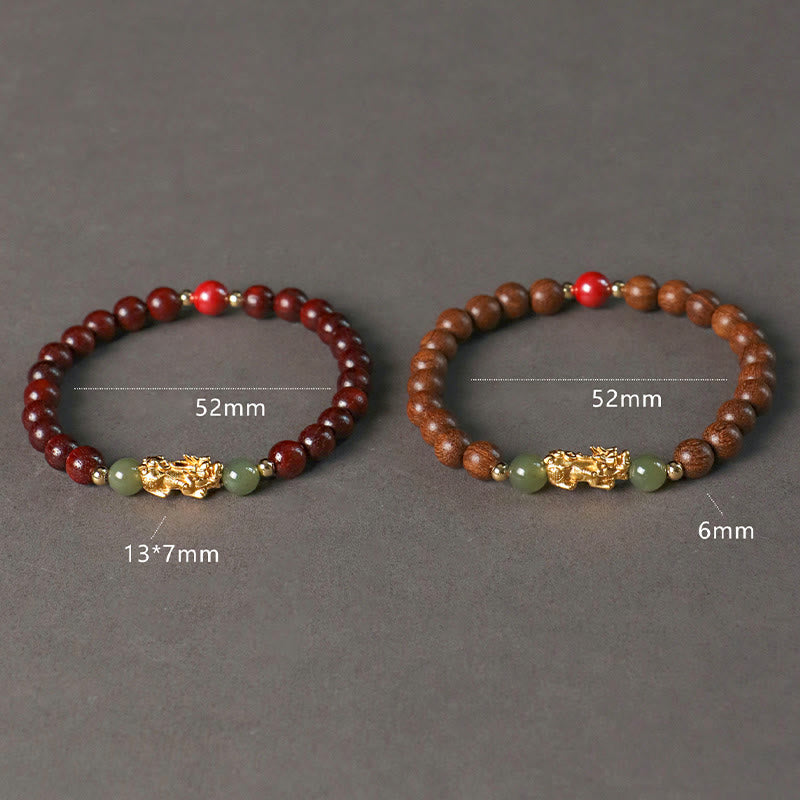 Fortune Jewel 999 Sterling Silver Sandalwood Ebony Wood Small Leaf Red Sandalwood Hetian Jade Cinnabar PiXiu Wealth Bracelet