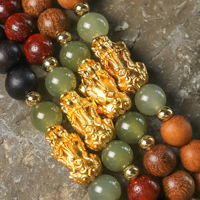 Fortune Jewel 999 Sterling Silver Sandalwood Ebony Wood Small Leaf Red Sandalwood Hetian Jade Cinnabar PiXiu Wealth Bracelet