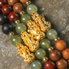 Fortune Jewel 999 Sterling Silver Sandalwood Ebony Wood Small Leaf Red Sandalwood Hetian Jade Cinnabar PiXiu Wealth Bracelet