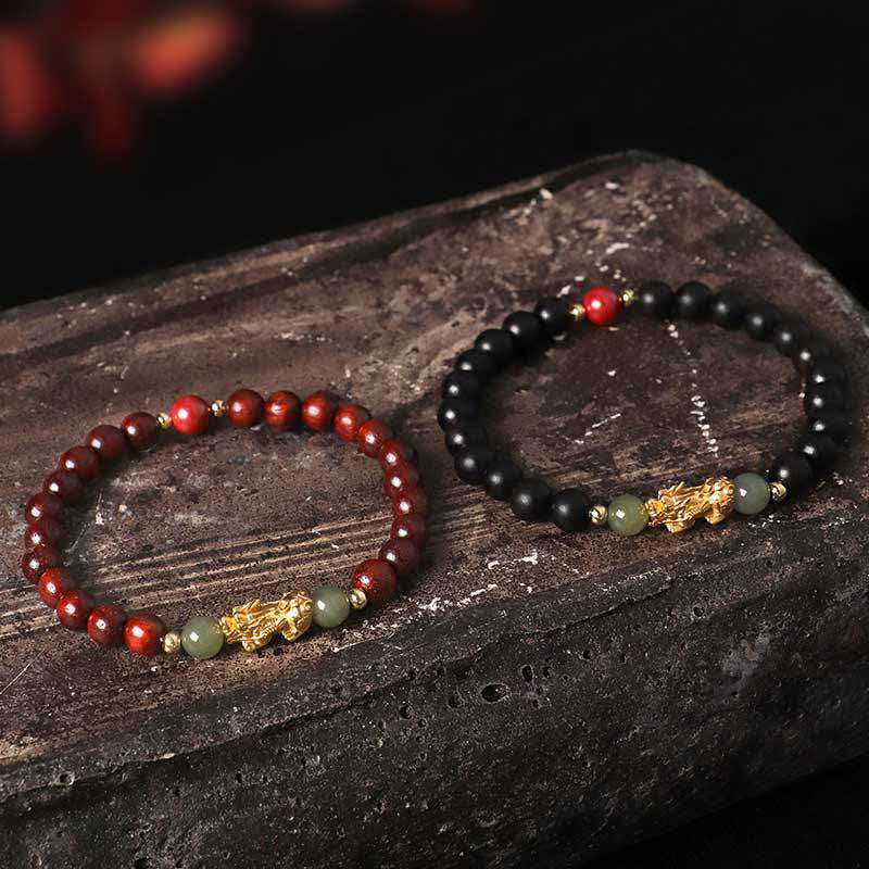 Fortune Jewel 999 Sterling Silver Sandalwood Ebony Wood Small Leaf Red Sandalwood Hetian Jade Cinnabar PiXiu Wealth Bracelet