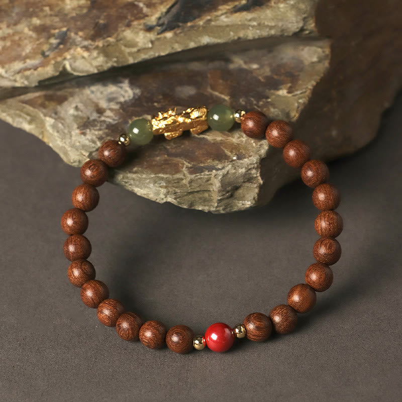 Fortune Jewel 999 Sterling Silver Sandalwood Ebony Wood Small Leaf Red Sandalwood Hetian Jade Cinnabar PiXiu Wealth Bracelet