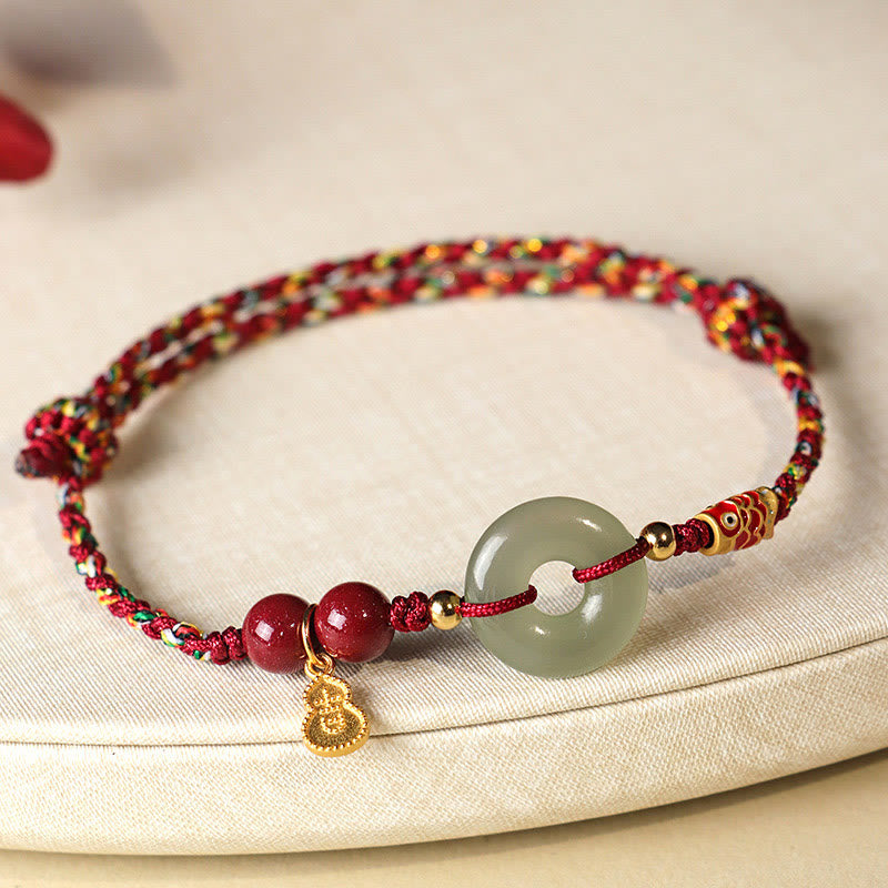 Fortune Jewel Red String Black String Hetian Jade Peace Buckle Cinnabar 925 Silver Protection Bracelet