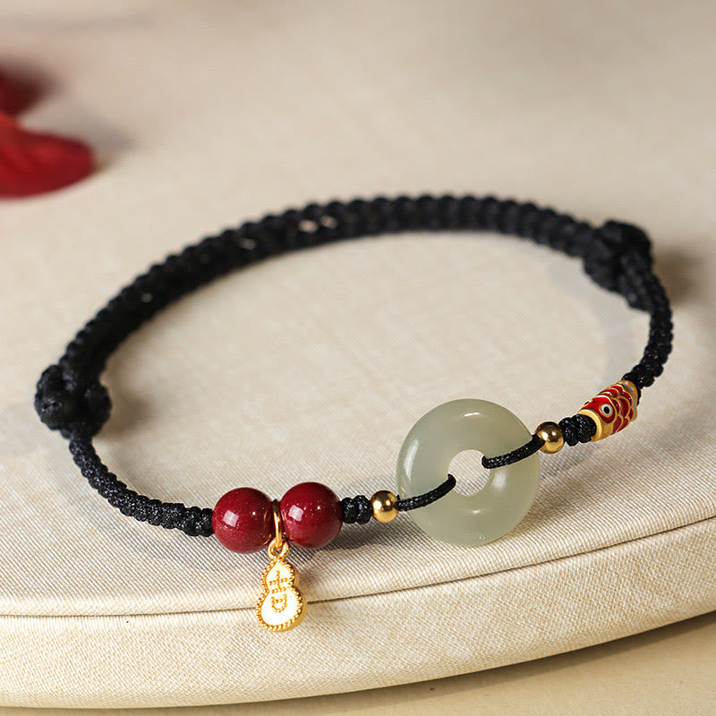 Fortune Jewel Red String Black String Hetian Jade Peace Buckle Cinnabar 925 Silver Protection Bracelet