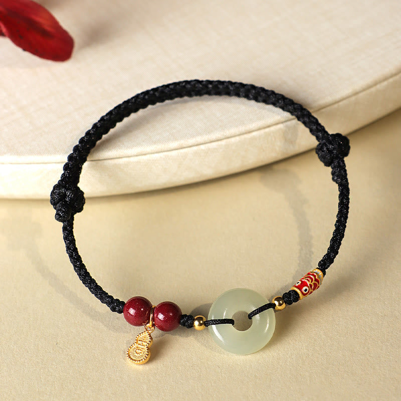 Fortune Jewel Red String Black String Hetian Jade Peace Buckle Cinnabar 925 Silver Protection Bracelet