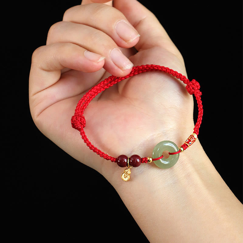 Fortune Jewel Red String Black String Hetian Jade Peace Buckle Cinnabar 925 Silver Protection Bracelet