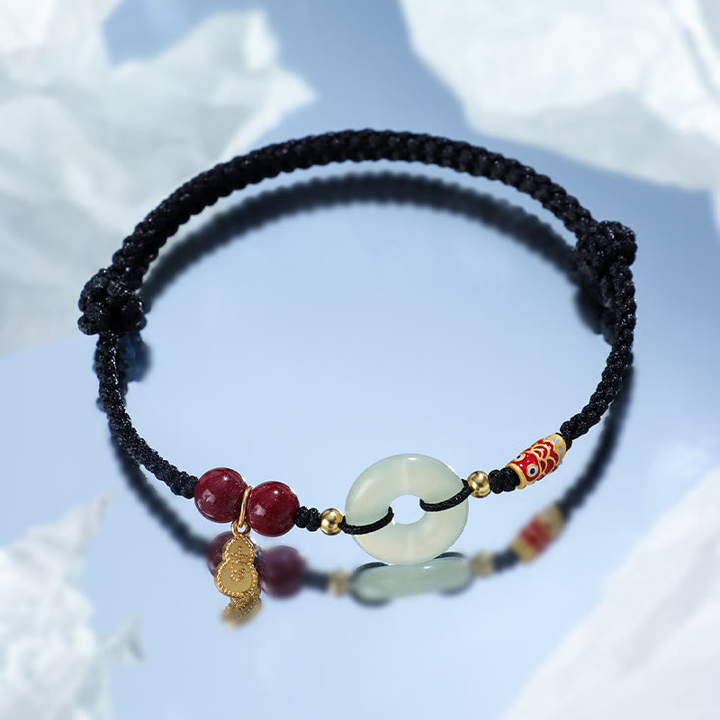 Fortune Jewel Red String Black String Hetian Jade Peace Buckle Cinnabar 925 Silver Protection Bracelet