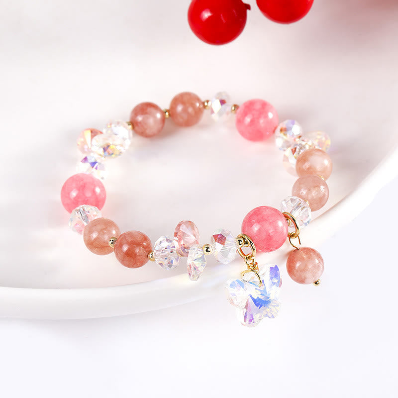 Fortune Jewel Strawberry Quartz White Crystal Pink Crystal Butterfly Love Bracelet
