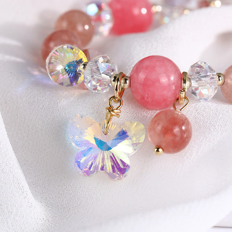Fortune Jewel Strawberry Quartz White Crystal Pink Crystal Butterfly Love Bracelet