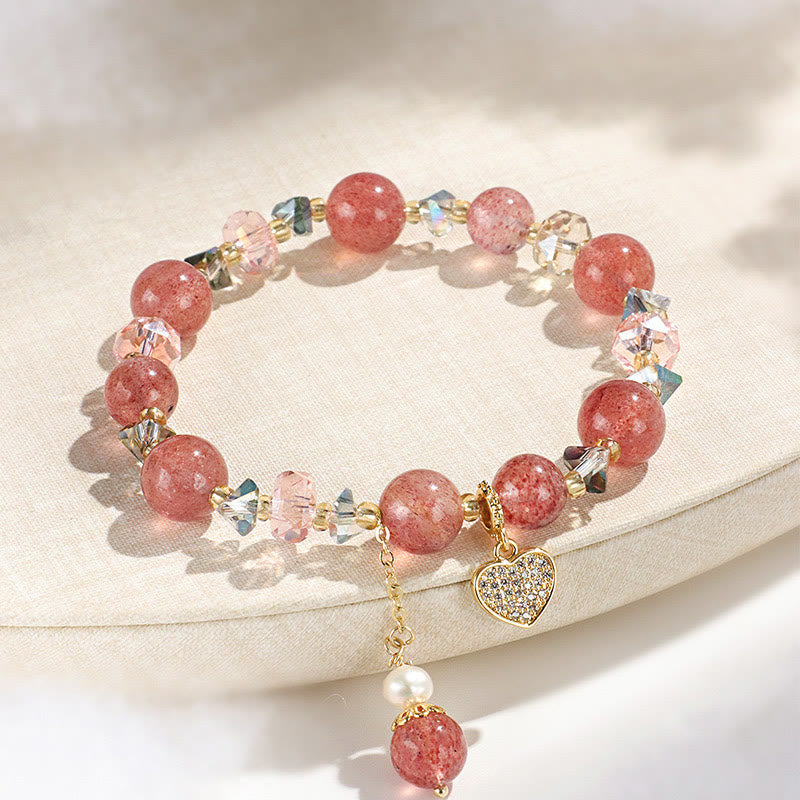 Fortune Jewel Strawberry Quartz White Crystal Pearl Liuli Heart Healing Bracelet
