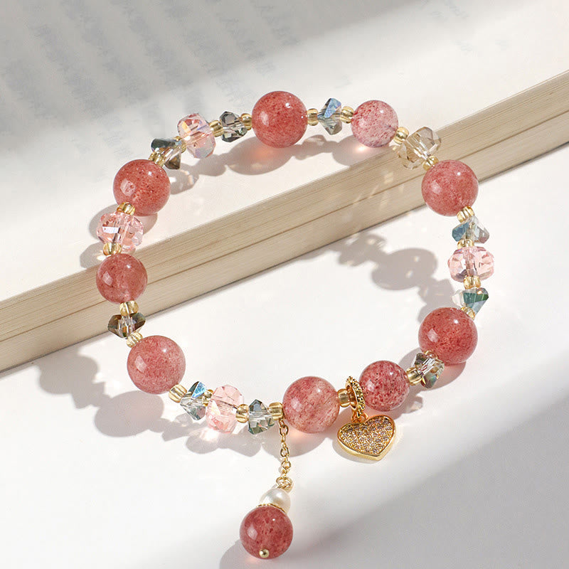 Fortune Jewel Strawberry Quartz White Crystal Pearl Liuli Heart Healing Bracelet