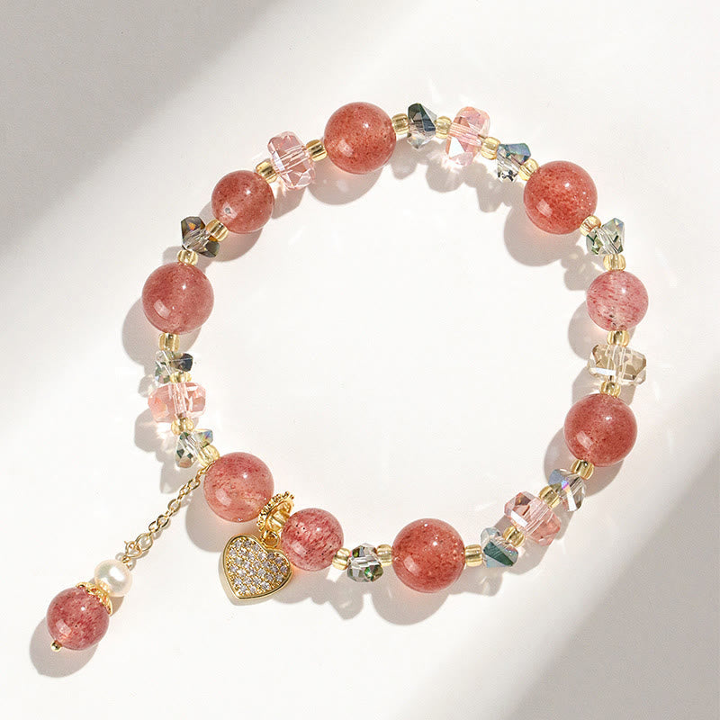 Fortune Jewel Strawberry Quartz White Crystal Pearl Liuli Heart Healing Bracelet