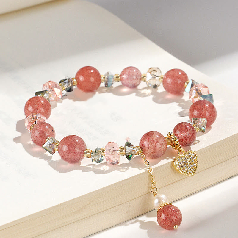 Fortune Jewel Strawberry Quartz White Crystal Pearl Liuli Heart Healing Bracelet