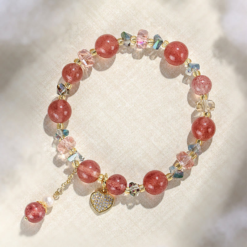 Fortune Jewel Strawberry Quartz White Crystal Pearl Liuli Heart Healing Bracelet