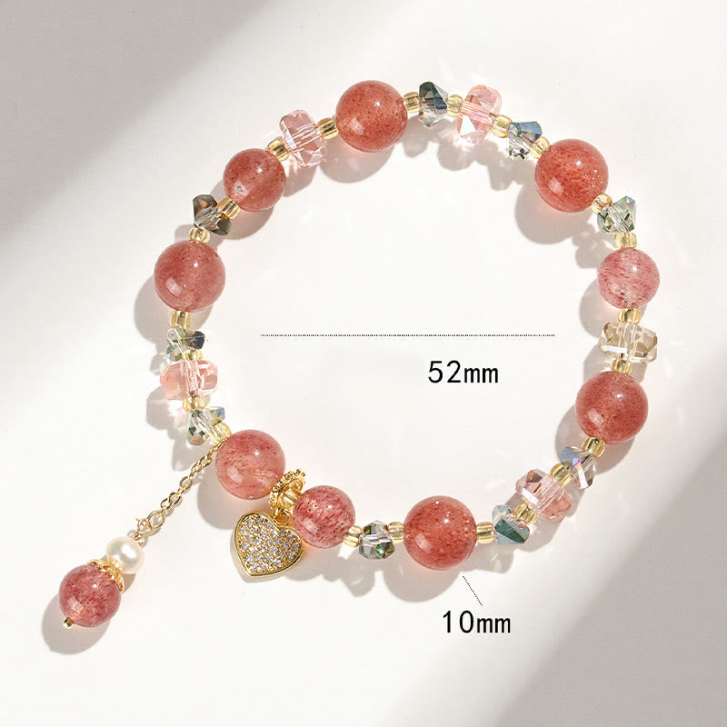 Fortune Jewel Strawberry Quartz White Crystal Pearl Liuli Heart Healing Bracelet