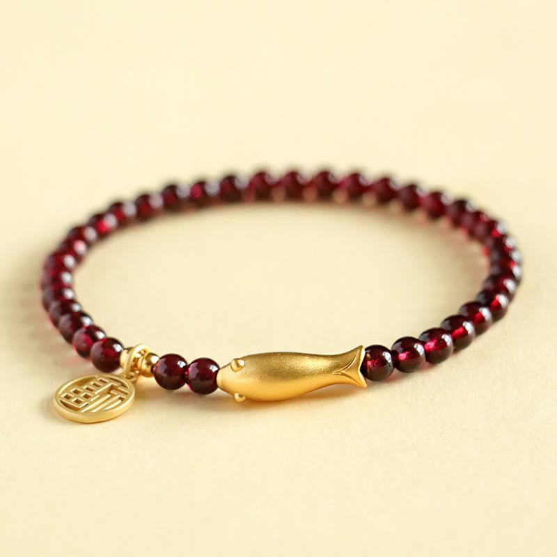 Fortune Jewel Garnet 925 Sterling Silver Fish Fu Character Purification Bracelet