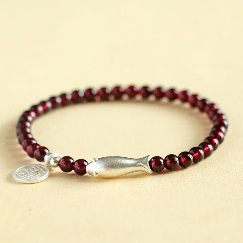 Fortune Jewel Garnet 925 Sterling Silver Fish Fu Character Purification Bracelet