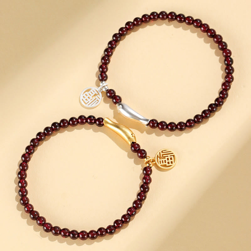 Fortune Jewel Garnet 925 Sterling Silver Fish Fu Character Purification Bracelet