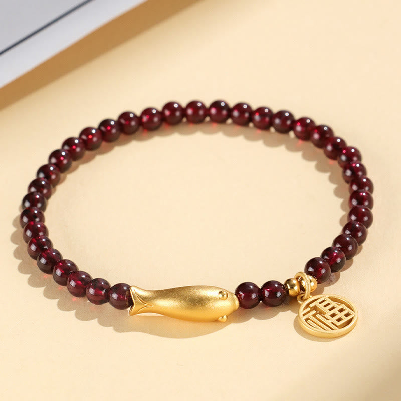Fortune Jewel Garnet 925 Sterling Silver Fish Fu Character Purification Bracelet