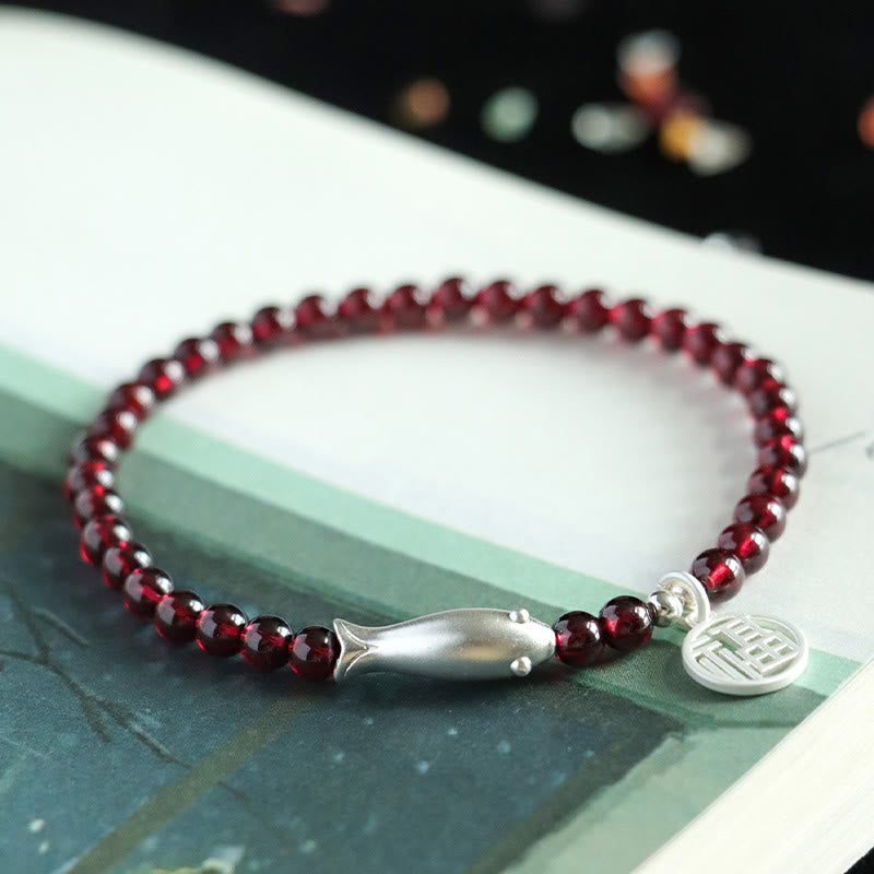 Fortune Jewel Garnet 925 Sterling Silver Fish Fu Character Purification Bracelet