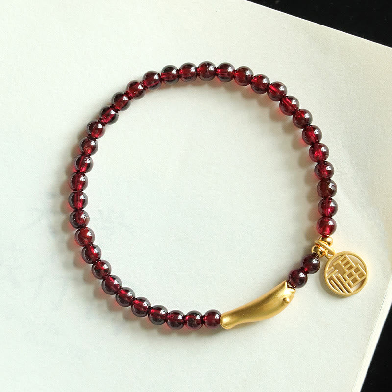 Fortune Jewel Garnet 925 Sterling Silver Fish Fu Character Purification Bracelet