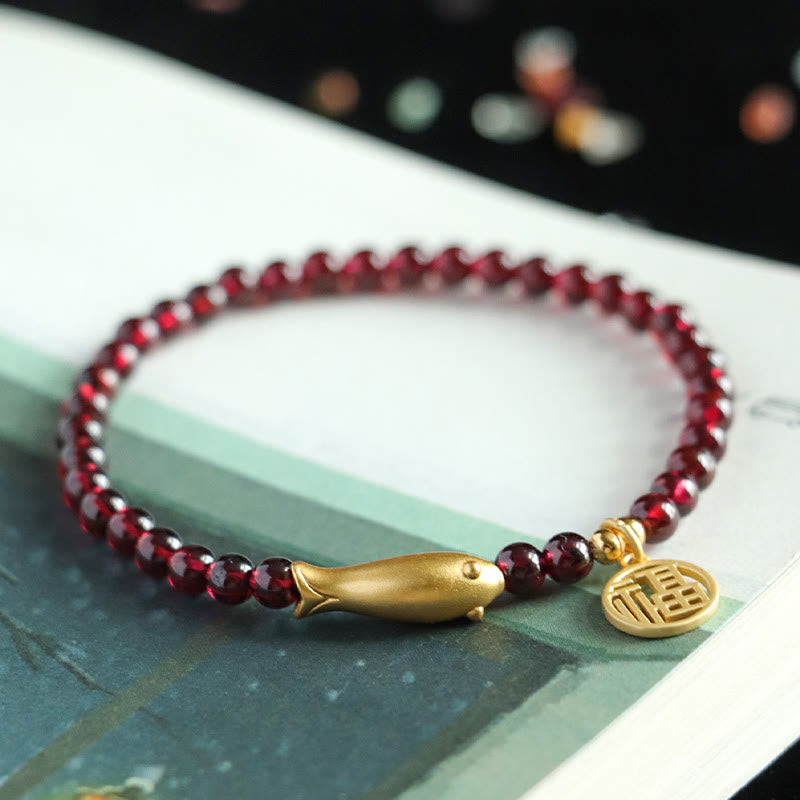 Fortune Jewel Garnet 925 Sterling Silver Fish Fu Character Purification Bracelet