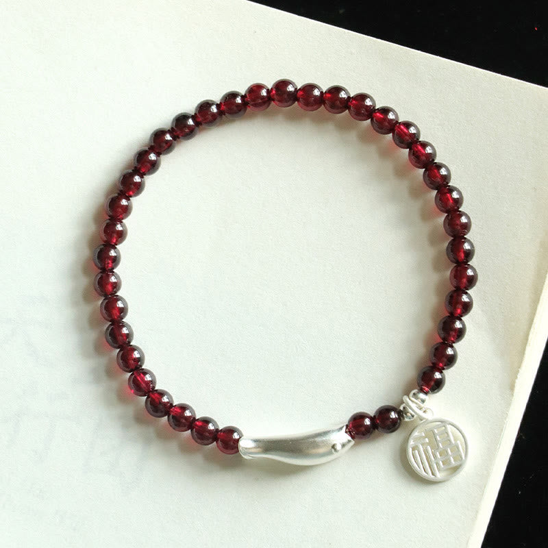 Fortune Jewel Garnet 925 Sterling Silver Fish Fu Character Purification Bracelet