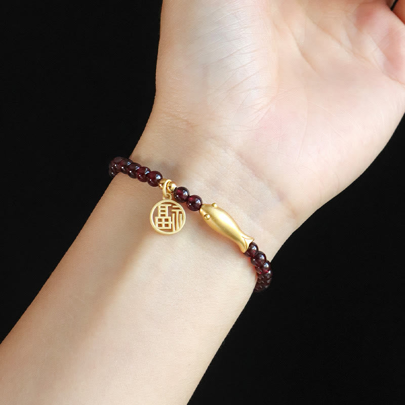 Fortune Jewel Garnet 925 Sterling Silver Fish Fu Character Purification Bracelet