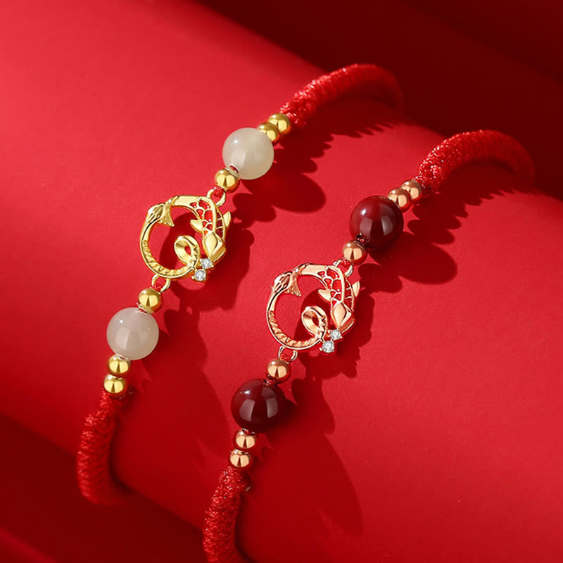 Fortune Jewel 925 Sterling Silver Hetian Jade Cinnabar Koi Fish Year Of Snake Red String Protection Braided Bracelet - Fortune Jewel