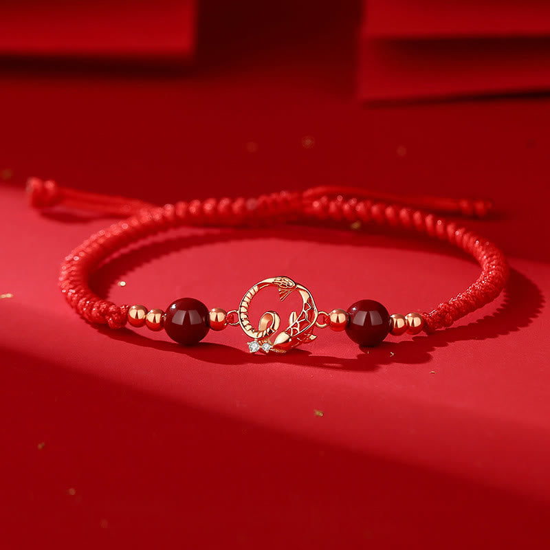 Fortune Jewel 925 Sterling Silver Hetian Jade Cinnabar Koi Fish Year Of Snake Red String Protection Braided Bracelet - Fortune Jewel