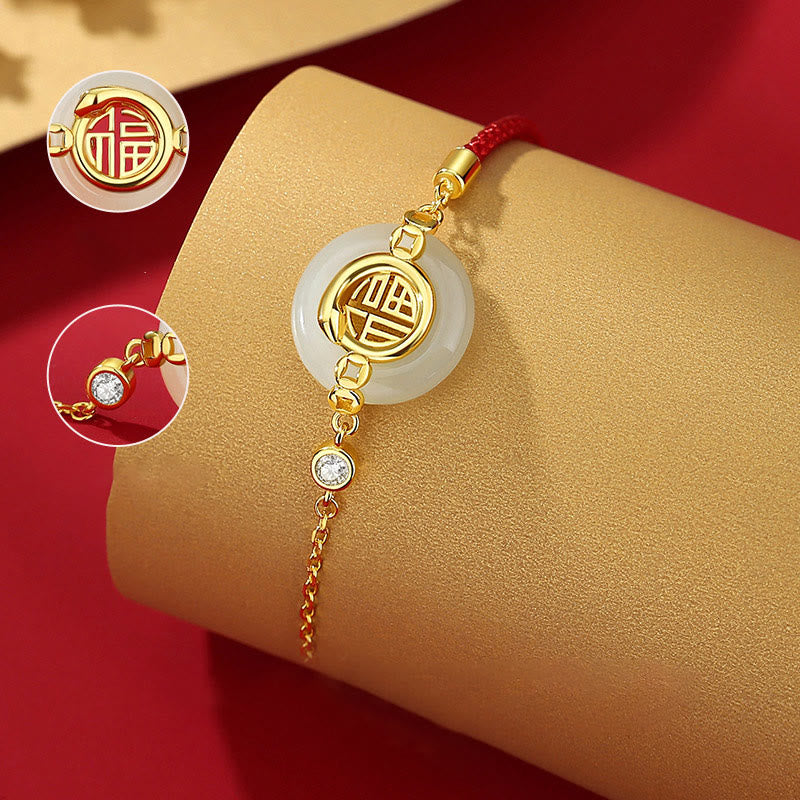 Fortune Jewel 925 Sterling Silver Hetian Jade Peace Buckle Fu Character Year Of Snake Red String Protection Braided Bracelet - Fortune Jewel