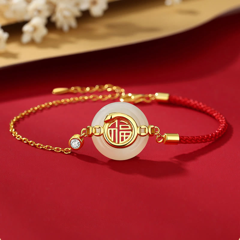 Fortune Jewel 925 Sterling Silver Hetian Jade Peace Buckle Fu Character Year Of Snake Red String Protection Braided Bracelet - Fortune Jewel