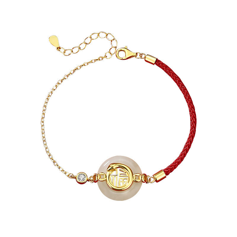 Fortune Jewel 925 Sterling Silver Hetian Jade Peace Buckle Fu Character Year Of Snake Red String Protection Braided Bracelet - Fortune Jewel