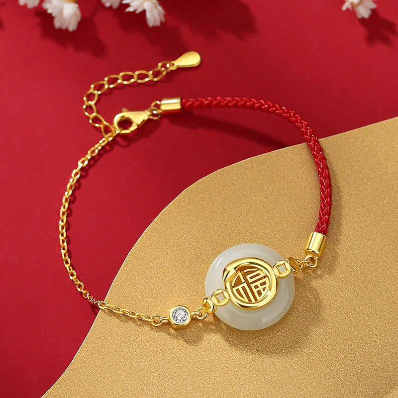 Fortune Jewel 925 Sterling Silver Hetian Jade Peace Buckle Fu Character Year Of Snake Red String Protection Braided Bracelet - Fortune Jewel
