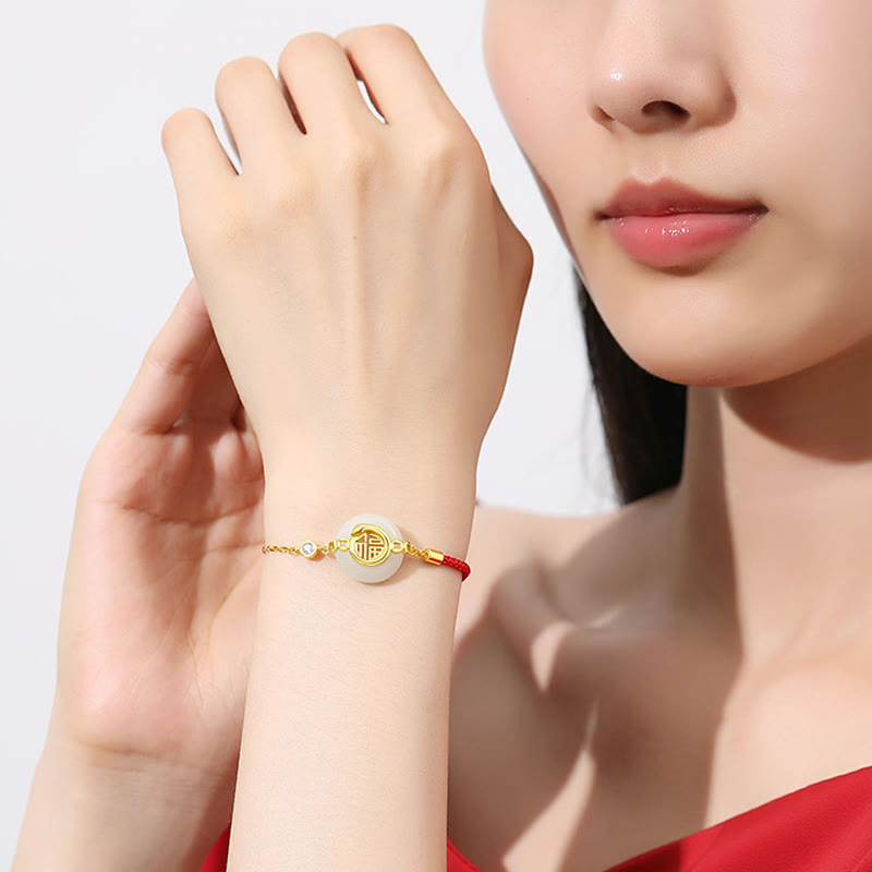Fortune Jewel 925 Sterling Silver Hetian Jade Peace Buckle Fu Character Year Of Snake Red String Protection Braided Bracelet - Fortune Jewel