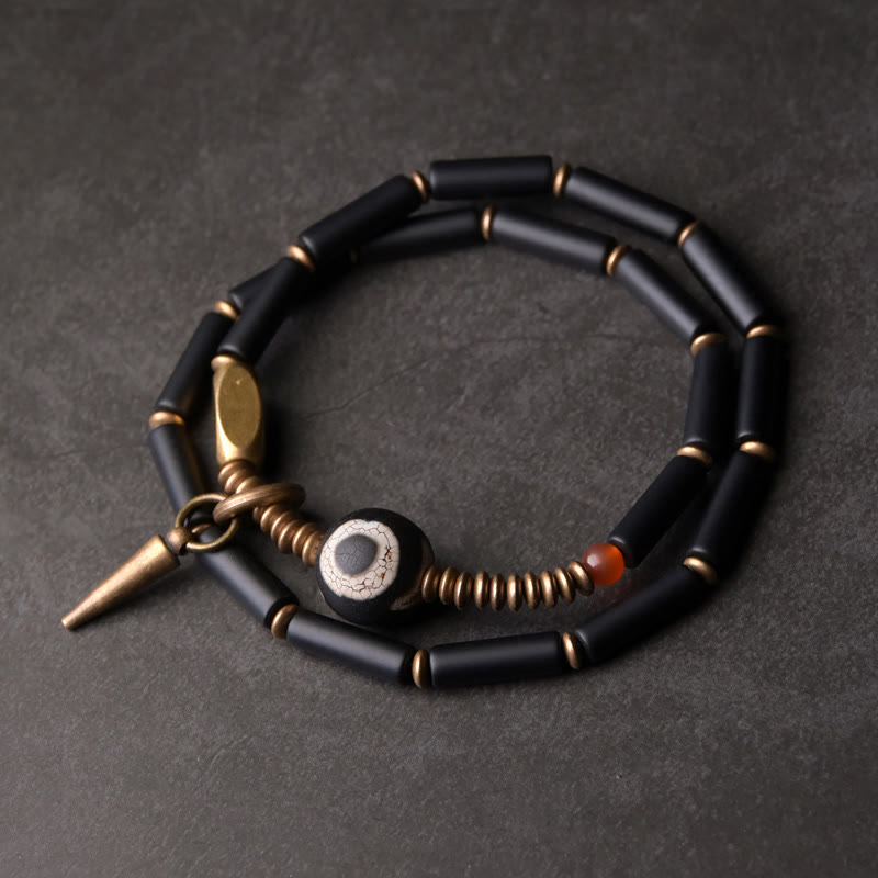 Fortune Jewel Black Onyx Copper Dzi Bead Cone Pendant Double Wrap Protection Bracelet
