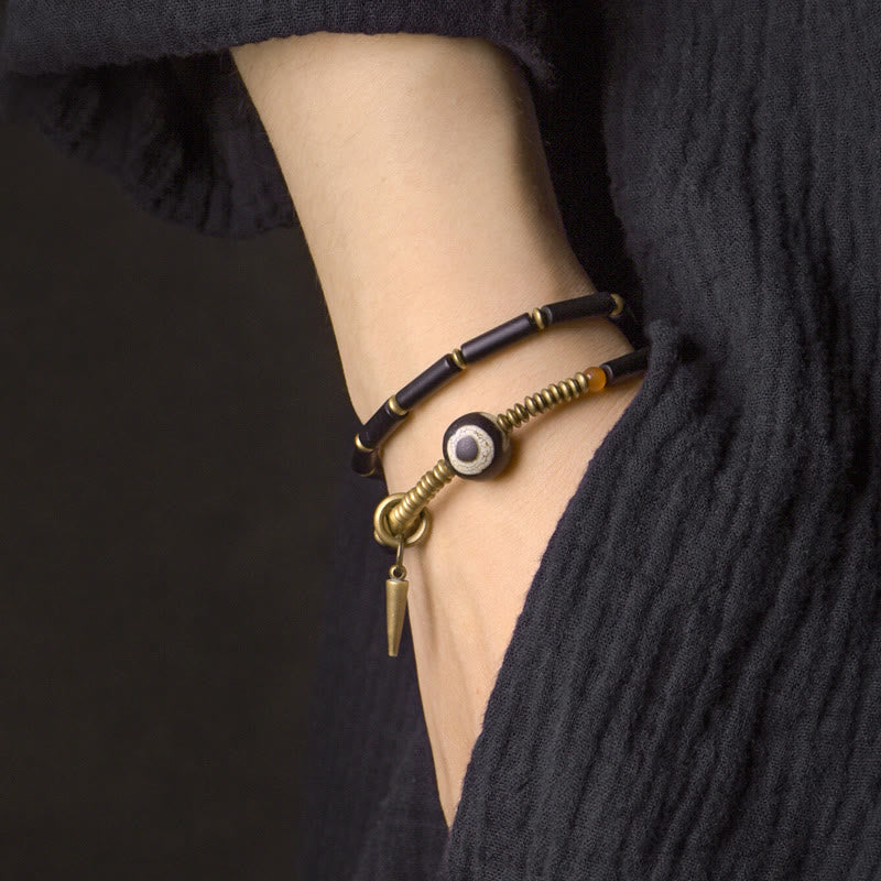 Fortune Jewel Black Onyx Copper Dzi Bead Cone Pendant Double Wrap Protection Bracelet
