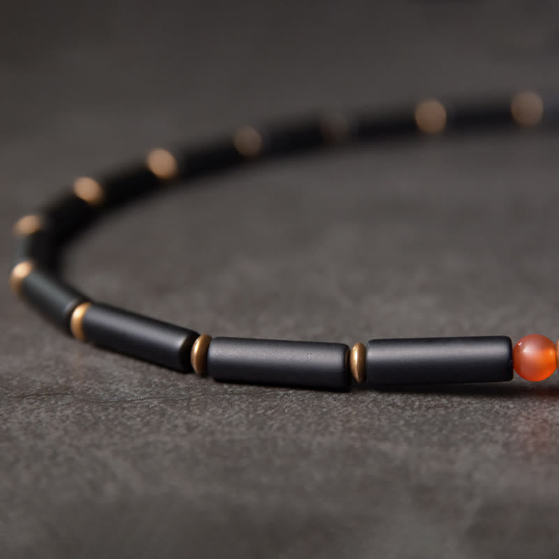 Fortune Jewel Black Onyx Copper Dzi Bead Cone Pendant Double Wrap Protection Bracelet