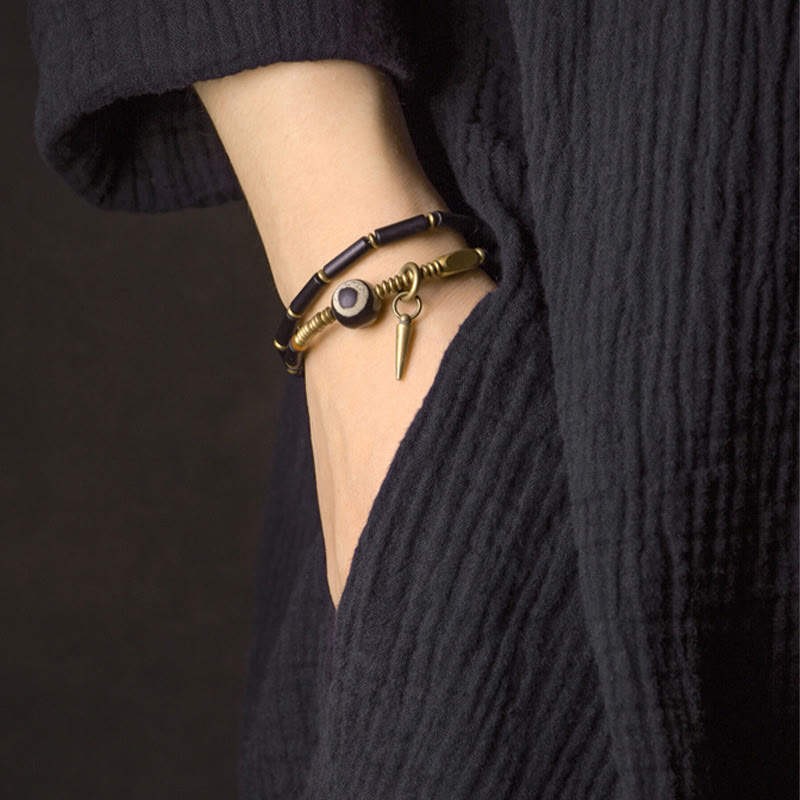 Fortune Jewel Black Onyx Copper Dzi Bead Cone Pendant Double Wrap Protection Bracelet