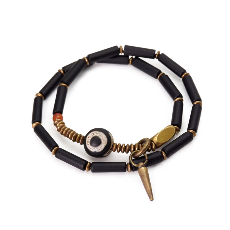 Fortune Jewel Black Onyx Copper Dzi Bead Cone Pendant Double Wrap Protection Bracelet