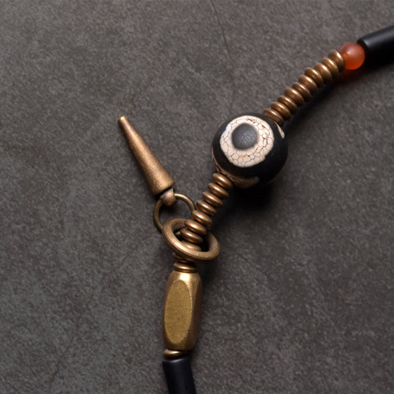 Fortune Jewel Black Onyx Copper Dzi Bead Cone Pendant Double Wrap Protection Bracelet